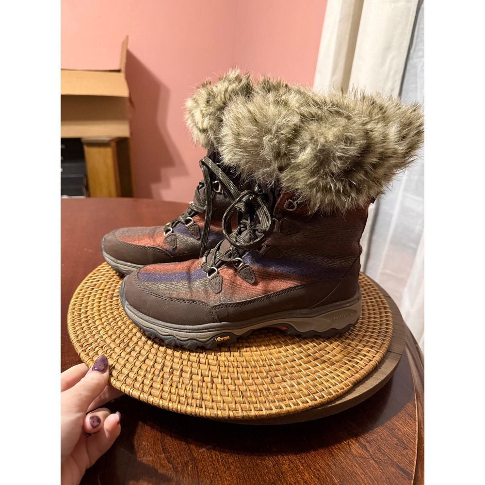 Eddie Bauer Women Brown Multi Stripe Faux Fur Vibram Winter Boots 7 0002-266